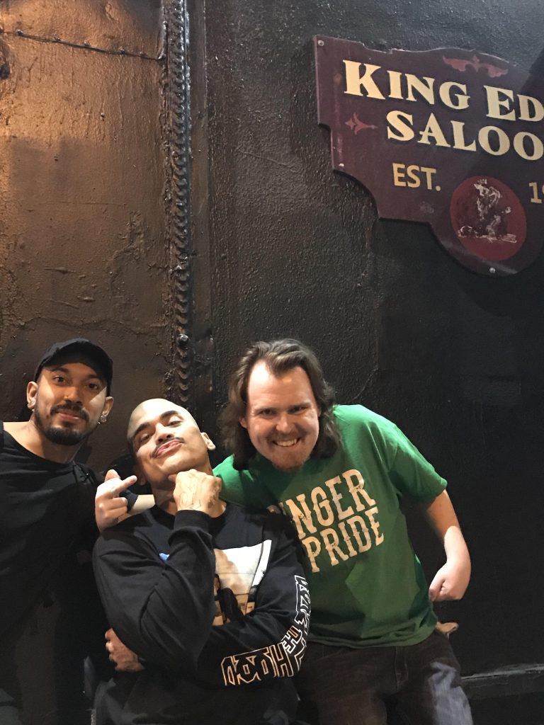 Trevor Harris outside the legendary King Eddy Saloon after the show with Tim Redd and “The Seated Entertainer” Elias Zepeda