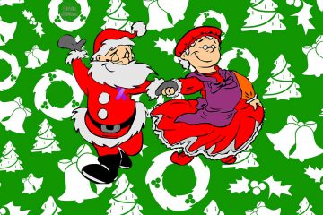 Santa and his wife dance wearing purple.